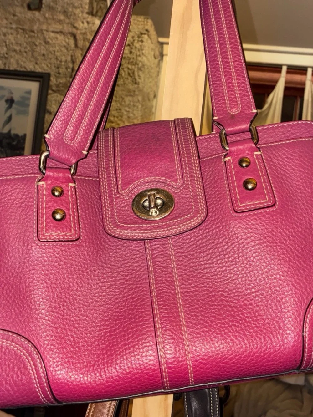 Coach Fuchsia Pink Pebbled Leather Shoulder Bag with Turn-Lock